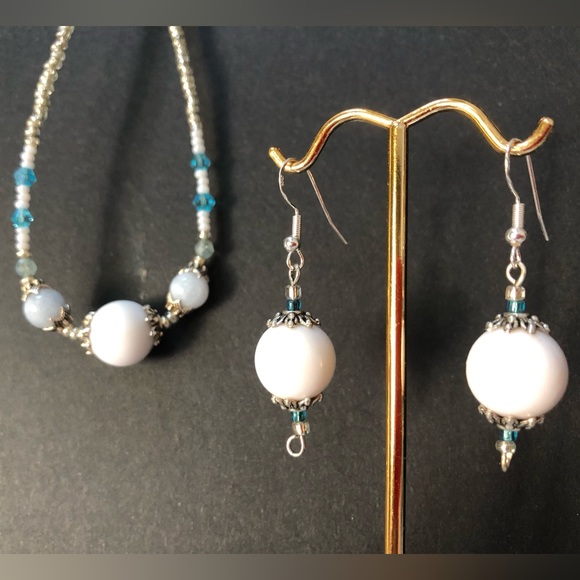 HAND CRAFTED Upcycled Blue White Silver Necklace earring set Feminine Delicate - Picture 8 of 14